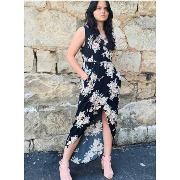 ASTR The Label Sleeveless Floral Hi Lo Faux Wrap Maxi Dress Front Slit Black S - Picture 1 of 8